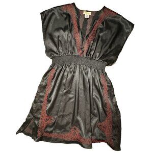Moon Collection Black Red Embroidered V Neck Satin Dress Witchy Goth Whimsy 90s